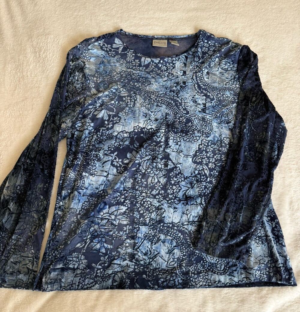 Chico's Women's Size 3 Navy Burnout Velvet Devore Floral Long Sleeve Top XL